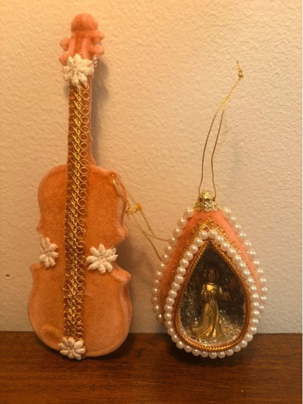 Vintage Pink Velour Christmas Ornaments Set Angel Diorama & Flocked Violin